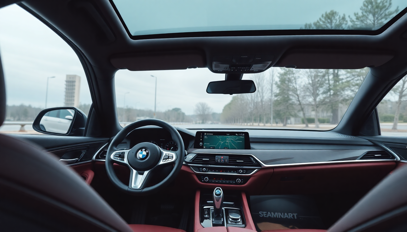 2026년형 BMW 5시리즈 실내, 운전자 쪽으로 기울어진 대형 커브드 터치스크린과 물리적 iDrive 컨트롤러, 크리스탈 인터랙션 바와 앰비언트 라이트
